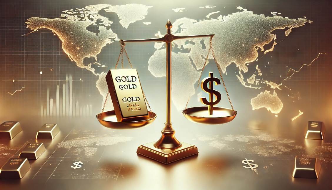 DALL·E 2024-11-23 00.17.10 - A realistic and minimalistic representation of gold's struggle against dollar strength and global tensions. The image features a prominent gold bar pl
