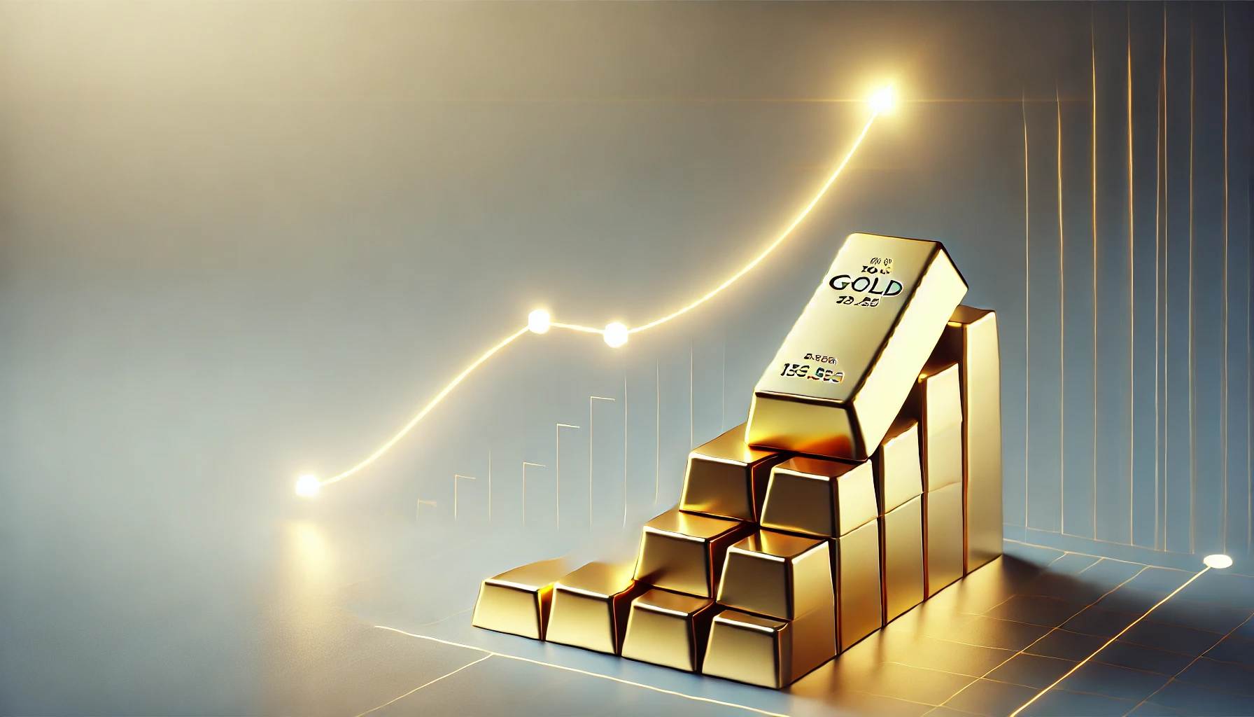 DALL·E 2024-11-23 00.18.37 - A realistic and minimalistic depiction of gold's recent rise to peak levels. The image features a gold bar ascending a sleek, stylized upward staircas