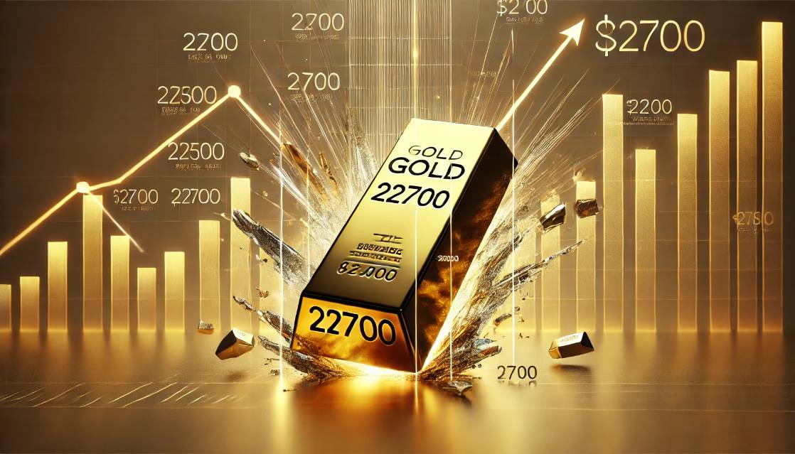 gold prices breaking the $2700 barrier. The image features a sleek gold bar smashing through a transparent ba